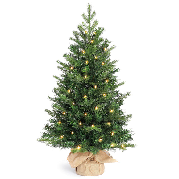 OasisCraft 3ft Pre-lit Artificial Mini Christmas Tree Includes Small Lights and Cloth Bag Base for Tabletop or Desk Burlap Green