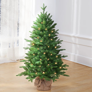 OasisCraft 4ft Pre-lit Artificial Mini Christmas Tree Includes Small Lights and Cloth Bag Base for Tabletop or Desk Burlap Green