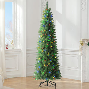 OasisCraft 7.5ft Slim Pre-Lit Christmas Tree with Color-Changing LED Lights, Metal Stand, and Hinged Branches for Holiday Decorating