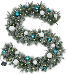 9 FT Prelit Christmas Garlands with Timer and LED Lights, Snow Flocked Garlands with Balls, Xmas Garland Battery Operated, Winter Garland for Mantle, Fireplace, Stairs Railing