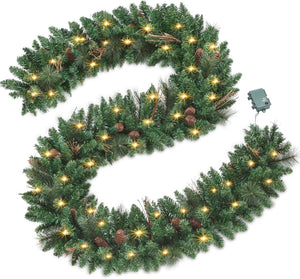 9FT Christmas Garland with Pine Cones, Prelit Christmas Garland Greenery Outdoor Lighted Pine Garland, Mantle Garland Christmas Holiday Decoration Indoor