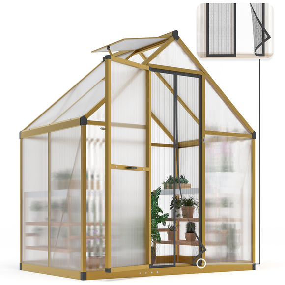 KING BIRD Greenhouse for Outdoors, 4x6 FT Polycarbonate Walk-in Green House, Quick-Setup Aluminum Frame UV Resistant Panel for Outside Garden Backyard W/ Lockable Screen Door, Vent, Yellow