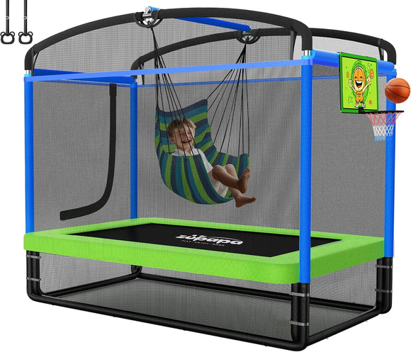 Zupapa 5 in 1 Rectangle Kids Trampoline 6FT with Hammock Chair, Basketball Hoop, and Safety Net Square Trampoline for Toddlers Ages 3-6, 220LBS Capacity