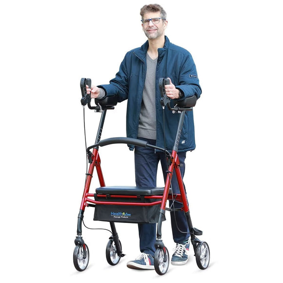 Heavy Duty Rollator Walker with Armrest Supports Up to 500 lbs, Bariatric Stand-Up Rolling Walker with seat for Seniors, Mobility Walking Aids for Adults by Health Line Massage Products, Red