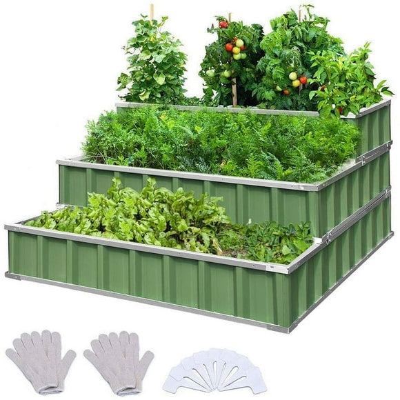 KING BIRD 3 Tiers Raised Garden Bed Dismountable Frame Galvanized Steel Metal Patio Garden Elevated Planter Box 46’’x46’’x23.6’’, Green