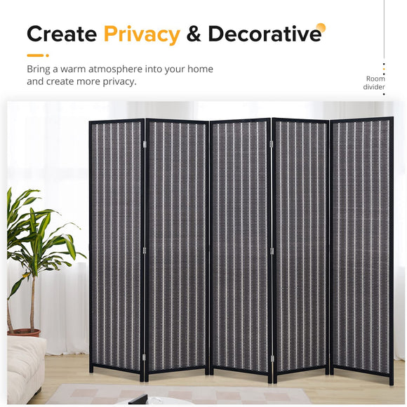 JOSTYLE 5-Panel Room Divider Folding Privacy Screen Divider for Room Separation with Natural Bamboo Pinewood Frame Black