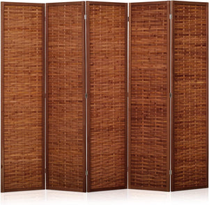 JOSTYLE 5-Panel Room Divider Folding Privacy Screen Divider for Room Separation with Natural Bamboo Pinewood Frame Red Brown