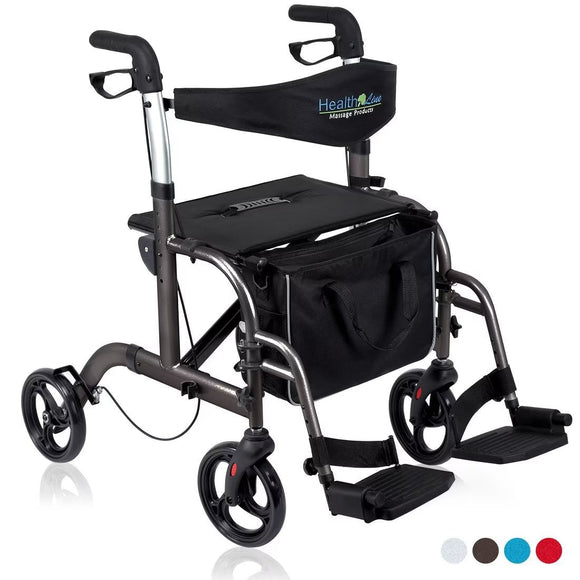 2 in 1 Rollator Walker-Transport Chair combo with Padded Seat by Health Line Massage Products, Rolling Walker for Seniors with Reversible Backrest and Detachable Footrests, Titanium