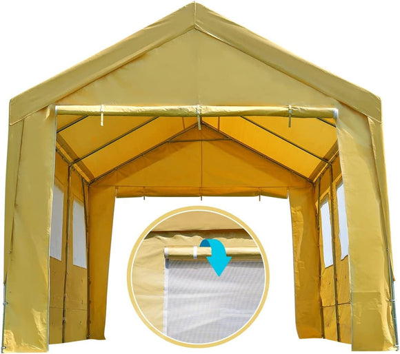 ADVANCE OUTDOOR 10x20 ft Heavy Duty Carport with Roll-up Ventilated Windows & Removable Sidewalls Car Canopy Garage Boat Shelter Party Tent, Adjustable Height from 9.5ft to 11ft, Beige Yellow