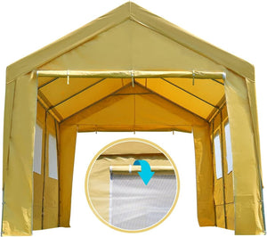ADVANCE OUTDOOR 12x20 ft Heavy Duty Carport with Roll-up Ventilated Windows & Removable Sidewalls Car Canopy Garage Boat Shelter Party Tent, Adjustable Height from 9.5ft to 11ft, Beige Yellow