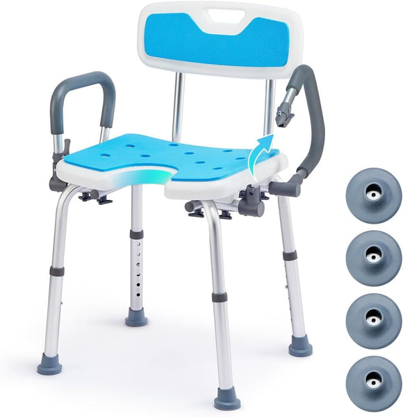 HEAO Shower Chair with Extra 4 Non-Slip Large Tips, Padded Bath Chair with Detachable Arms & Cutout Seat, Height Adjustable Tool-Free Shower Bench Bathtub Stool for Elderly, Pregnant, Handicap