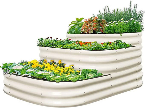 Quictent Galvanized Tiered Raised Garden Bed Kit, 43x63x25.6 in Oval Planting Box Rubber Strip Edging, for Vegetables Outdoor 3-in-1 Assembly Modular, Beige