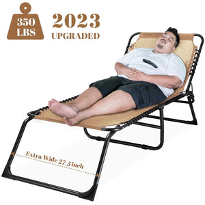 Outdoor Folding Chaise Lounge Super Wide 27.5 inch XL Size Sunbathing Recliner Lay Flat Sleeping Bed Cot