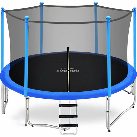 TUV Approved Zupapa 12' Trampoline with Enclosure, Ladder & Safety Pad - Blue Round