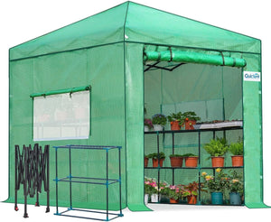 Quictent 8x6 Portable Pop-up Greenhouse with Shelves for Outdoors Walk-in Gardening Green House, Easy Setup Plant Canopy with 3 Screen Windows and Double Roller Zipper Screen Door, Green