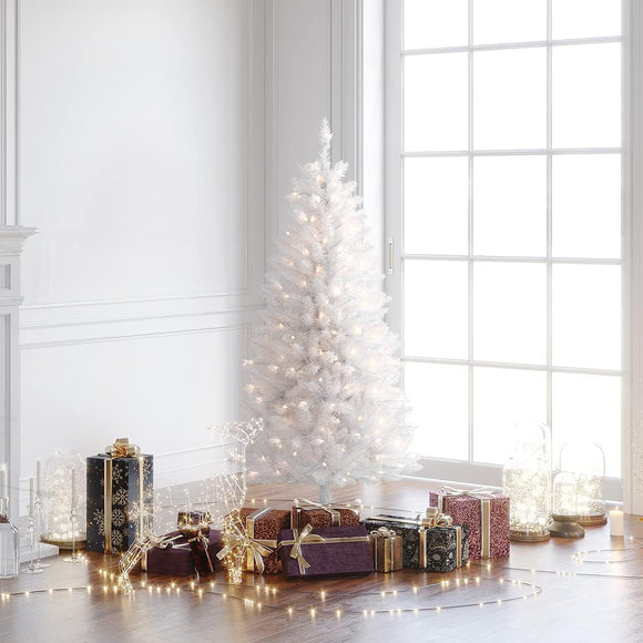 OASISCRAFT 4.5ft Prelit Christmas Tree, Slim Fraser Fir Pencil Design, 150 Warm Lights, 424 PVC Branch Tips, Holiday Decor, White