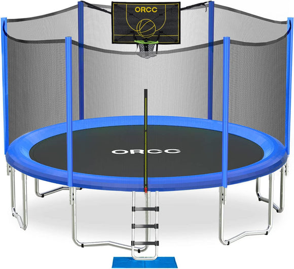 ORCC Trampoline - ASTM and CPSIA Approved- 15 14 12 10FT Safe Basketball Trampolines for Kids, Backyard Trampolines with Safety Net Ladder, Basketball Hoop and 2 Balls for Kids