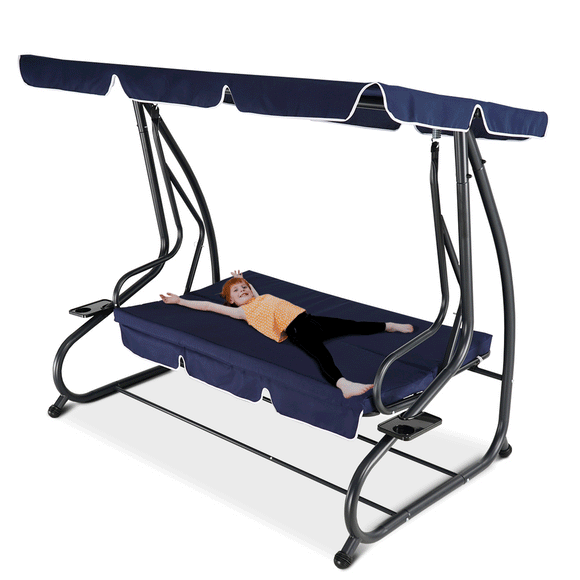 Converting Flat Bed Canopy Swing, 3-Seat Outdoor Patio Porch Lounge Chair for Backyard