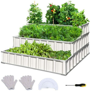 KING BIRD 3 Tiers Raised Garden Bed Dismountable Frame Galvanized Steel Metal Patio Garden Elevated Planter Box 46’’x46’’x23.6’’ for Growing Vegetables Flower (Ivory)