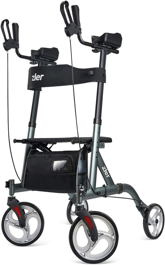 Zler Gray Upright Folding Rollator Walker with Seat,Backrest Padded Armrests,Big Wheels for Seniors