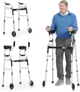 OasisSpace Folding Walker - Standard Walker with 5’’ Wheels and Removable Padded Armrests 300lbs, Platform Walker with Arm Support for Senior, Handicap & Disabled