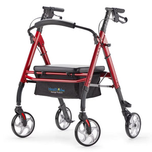 Heavy Duty Rollator Walker Support up 500 lbs by Health Line Massage Products - Bariatric Rolling Walker for Seniors with Strong Steel Padded Backrest and Large Seat, 8" Large Wheels, Red
