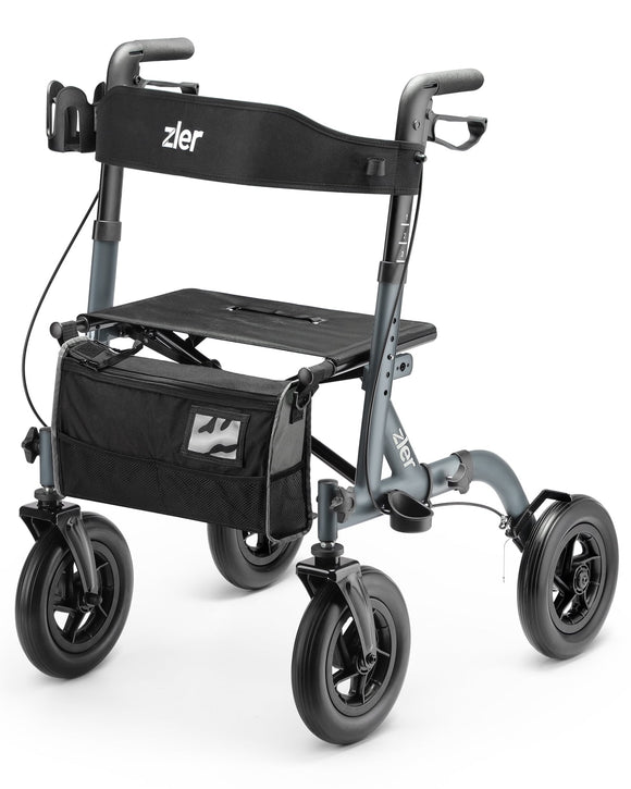 Zler Rollator Walker with Seat - Aluminum Rollator Walker for Seniors, Mobility Aids Walker with 10” Large PU Wheel, All Terrain Walkers with Backrest, Supports up to 300lbs for Elderly, Grey