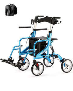 HEAO 2 in 1 Rollator-Transport Chair with Shock Absorber, 4 x 10" Wheels Rolling Wheelchair for Seniors, Walker with Cup Holder, Reversible Backrest and Detachable Footrests,Blue