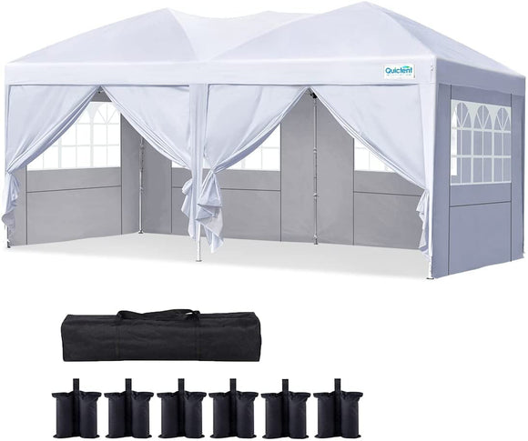 Quictent 10x20 Ft Ez Pop Up Canopy Wedding Party Tent with Sidewalls,Folding Instant Canopy Tents for Outdoor Parties,6 Sand Bags Included（White）