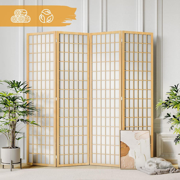 JOSTYLE Room Divider Wall 4 Panel, Folding Privacy Screen for Room Separation, Shoji Screen Japanese Style Room Divider Screen, 5.9 Ft, Natural
