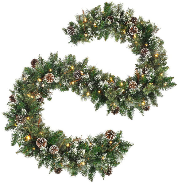 OasisCraft Artificial Snowy Pine Prelit Full Clear LED Battery Operated Garland, 9' (Green)