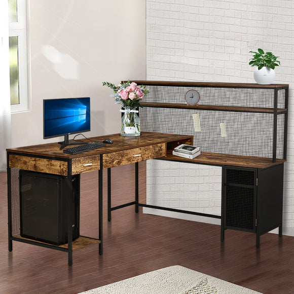 LIFEFAIR L-Shaped Desk with 2 Drawers and Cabinet, Industrial Style Home Office Desk W/Storage Shelves,Corner Desk Double Computer Table Space-Saving (Dark Brown)