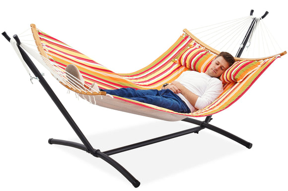Space-Saving Hammock with Stand, 2 Person 550 Pound Capacity, Outdoor Patio Yard Indoor Hammock Bed, Quilted Fabric