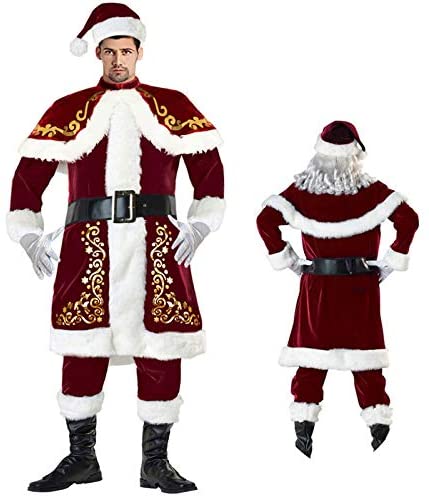 ANOTHERME Men's Santa Claus Deluxe Velvet Christmas Costume Set Wig Included