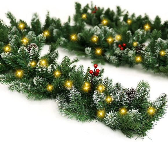 9Ft Pre-Lit Christmas Garland, Artificial Holiday PE Mixed Garland with Battery Operated 50 LED Lights, Xmas Decoration Flocked Garland with Pine Cones and Timer for Walls Stairs Fireplaces