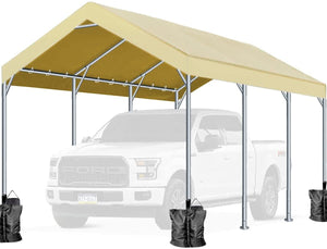 FINFREE 10 x 20 ft Carport Metal Car Canopy Adjustable Height, Garage Shelter for Outdoor Beige