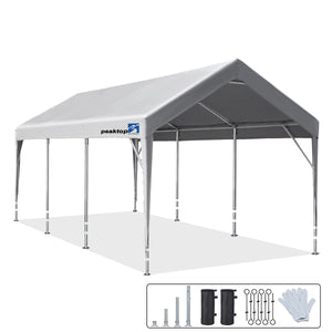 Peaktop Outdoor 10 x 20ft Upgraded Heavy Duty Carport with Adjustable Heights from 6.5ft to 8.0ft, Portable Car Canopy, Garage Tent, Boat Shelter with Reinforced Triangular Beams