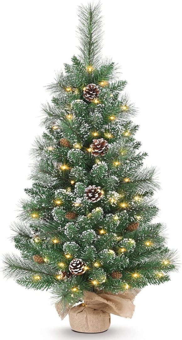 OasisCraft Tabletop Christmas Tree 3ft - 36 Inch Christmas Tree with a Burlap Base, Small Christmas Tree Includes LED Lights, White Tipped