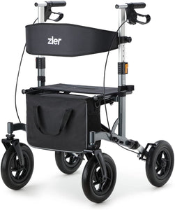 Zler Rollator Walker with PU Solid Tires 300lbs - All Terrain Walker with Backrest for Seniors with Seat, 10" Large Wheel Rollator Walker gray