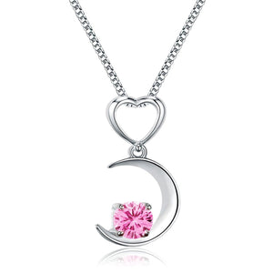 S925 Sterling Silver "I Love You to the Moon and Back" Heart Moon/ Lucky Cat Collarbone Pendant Necklace