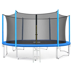 SAKEE Trampoline with Safety Enclosure Net for Kids Adults 15 14 12 10 8 ft Outdoor Backyard Round Recreational Large Trampolines With Ladder Accessories Wind Stakes Cover Pad Mat