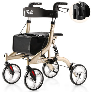 HEAO Rollator Walker with Seat for Seniors,4 x 10" Wheels Upright Walker with Shock Absorber,Backrest and Compact Folding Design,Lightweight Mobility Walking Aid with Handle to Stand up,Champagne