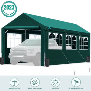 ADVANCE OUTDOOR 10'x20' Heavy Duty Carport Car Canopy with Adjustable Height from 9.5 to 11 ft with Window Sidewalls and Doors, Green