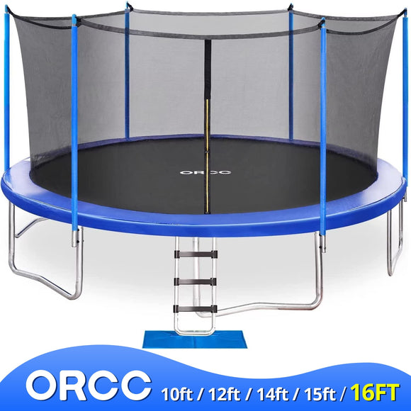 ORCC Kid Trampoline 16 15 14 12 10 8ft Outdoor Backyard Trampolines with Safety Enclosure Net Wind Stakes Non-Slip Ladder 450lbs Weight Capacity
