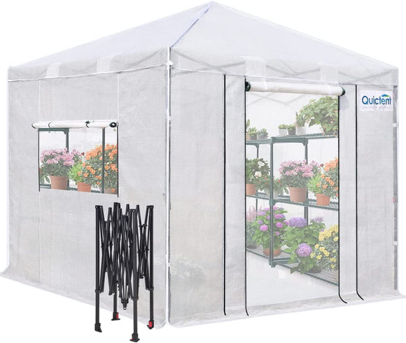 Quictent 8x8 FT Portable Walk-in Greenhouse Instant Green House for Outdoors, Pop-up Easy Setup Strong Frame Indoor Garden Canopy, Roll-Up Front Screen Door & 3 Screen Window with Support Pole, White