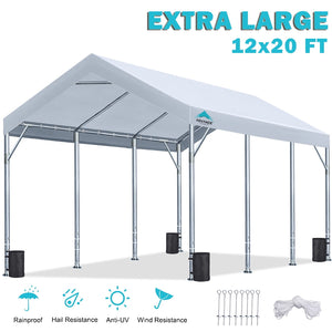 ADVANCE OUTDOOR 12x20 ft Carport with Adjustable Height from 9.5 ft to 11 ft, Heavy Duty Car Canopy 8 Legs White