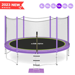 Zupapa 16 15 14 12 10FT Trampoline Purple for Kids Adults with Safety Enclosure Net 425LBS Weight Capacity Outdoor Heavy Duty Backyards Trampolines with Non-Slip Ladder Accessories for Children