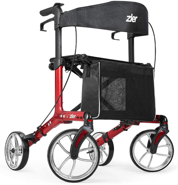 Zler Aluminum Rollator Walker with 10'' Wheels 300 lbs, Premium Folding Rollator Walker with Seat for Seniors, Easy Folding for Transport and Storage, Adjustable Handle Height, Red