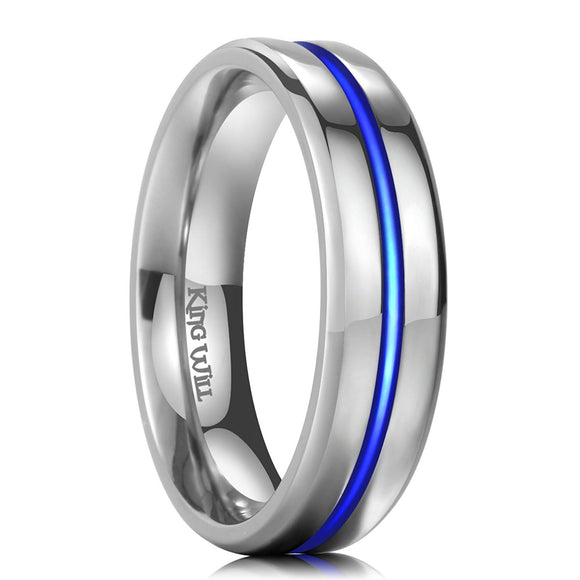 King Will LOOP Unisex 6mm Thin Blue Line Titanium Ring High Polished Wedding Band Comfort Fit