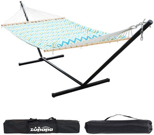 Zupapa 12' Quilted Spreader Bar Hammock With Pillow, Stand & Bags-Blue Wave